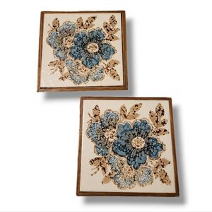 Vintage Blue and Brown Floral Tile And Dark Wood Trivet, Set Of 2